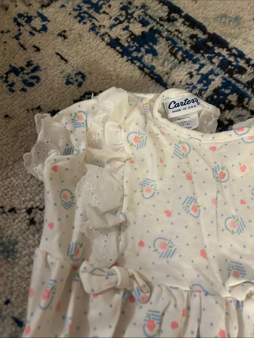Vintage Carter's Pastel Floral Romper with Eyelet Lace Trim Size 6M